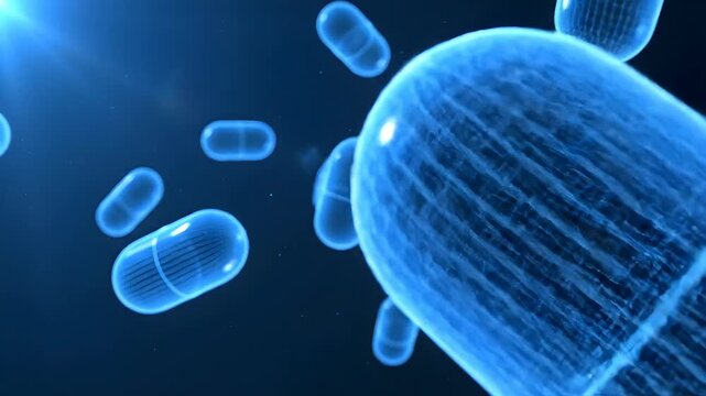 Microscopic view of glowing blue bacteria cells floating in dark space.
