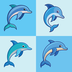 Obraz premium Cartoon Dolphin Set: Four Cheerful Blue Dolphins Leaping, Playful Ocean Animal Illustrations for Children's Designs.