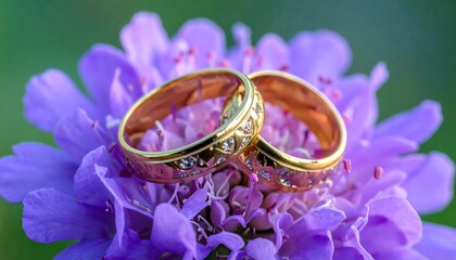 Two gold rings on a purple flower