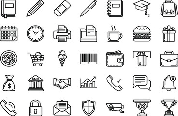 Essential icon set, business, lifestyle, finance, food, communication, security, black and white line art, minimal UI, versatile design assets