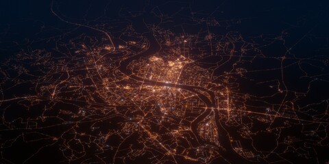 Pyongyang (North Korea) night view with street lights. Aerial shot from space. perspective view heading east, . 3d render, Illustration