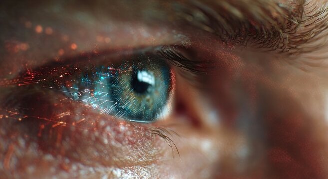 Close-up of a human eye with digital overlay, vibrant blue iris, skin texture details
