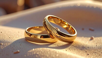 Two gold wedding rings on a light beige surface