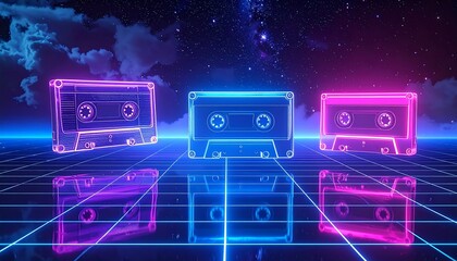 Vibrant Neon Cassette tape Float above a Grid , against a Cosmic Backdrop