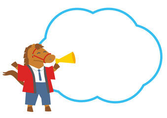 2026年　午年　コピースペースのある馬のキャラクターの赤いハッピの販売員のイラスト