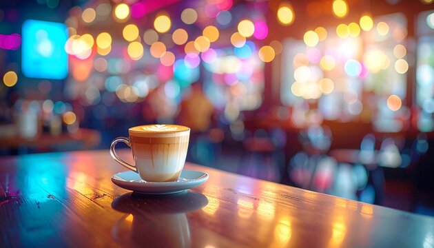 ラテアートが描かれたカフェラテ入りのコーヒーカップと幻想的なカフェ店内の風景