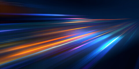 Abstract speed motion with glowing blue and orange light streaks on dark background