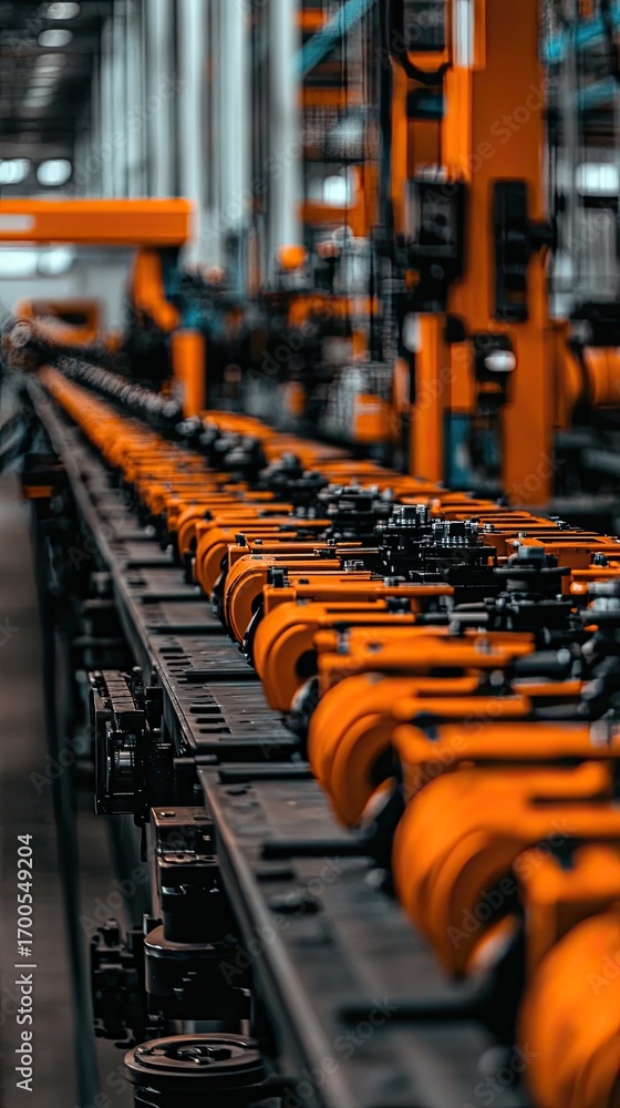 Poster in a smart digital factory, a robotic arm skillfully crafts advanced steel components for the automo