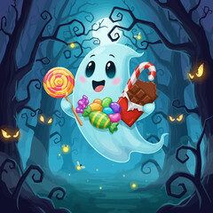 Naklejka premium A cute cartoon ghost happily holds Halloween candy in a spooky, moonlit forest.