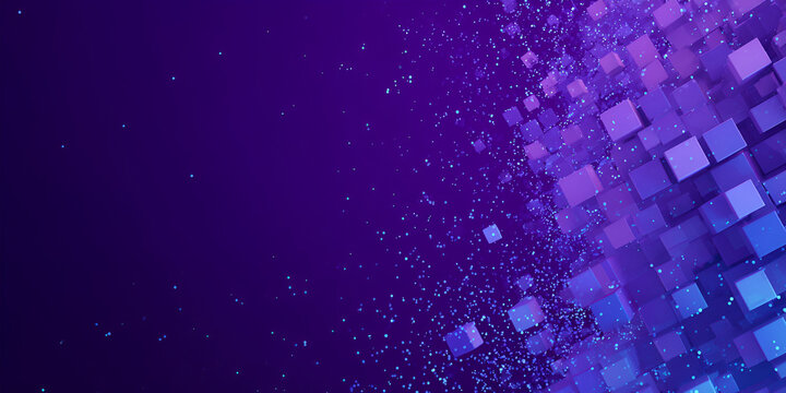 Digital pixel explosion of 3D cubes on purple background, abstract data concept