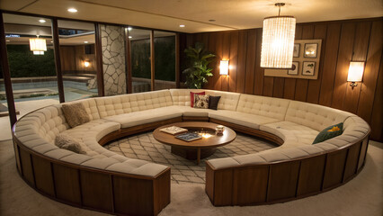Sunken Conversation Pit – Retro pit seating with updated upholstery.