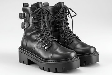 Pair of black leather ankle boots with buckles and laces on a chunky platform sole