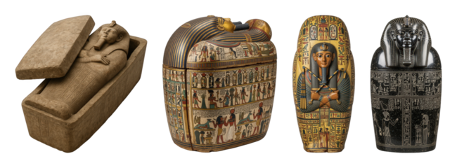 Ancient Egyptian sarcophagus and coffin set including stone, painted, mummiform, and granite styles isolated. Historical artifacts and burial art.