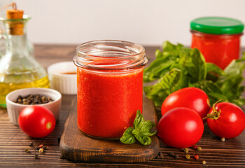 Homemade tomato sauce in glass jar with herbs and tomatoes nearby.