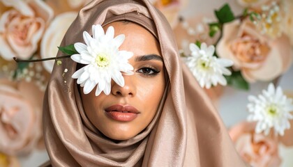 Woman in headscarf with flowers