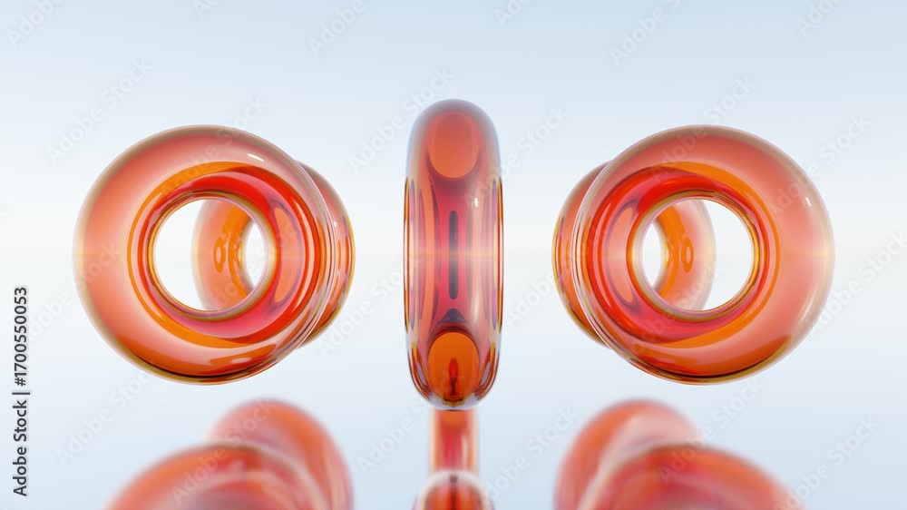 Poster transparent 3d orange tori rotating in circular formation above mirror surface form surreal abstract