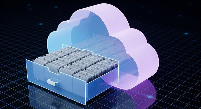 Conceptual illustration of cloud computing data storage, depicting server racks within a stylized cloud, symbolizing scalable digital infrastructure and modern IT solutions