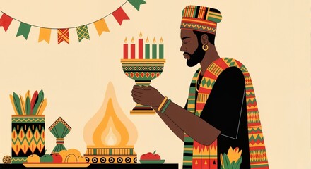 Man holding kinara with lit candles