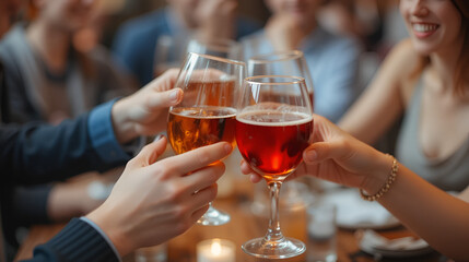 Clinking glasses with alcohol and toasting, party.