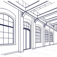 Architectural line drawing of a grand industrial building interior with large arched windows and exposed beams