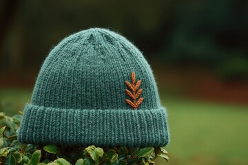 Warm knitted hat resting on green shrub, adorned with unique lea