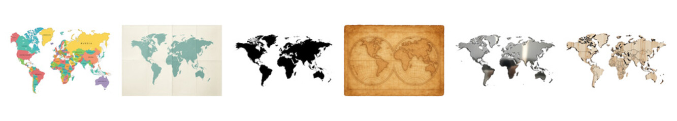 World map set including colorful, folded paper, metallic, vintage, wood, and silhouette variations isolated. Global geography and travel elements.