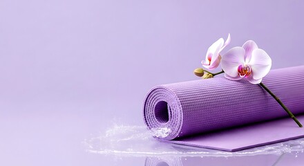 Rolled Lavender Yoga Mat with Orchid and Water Splash on Pastel Purple Background