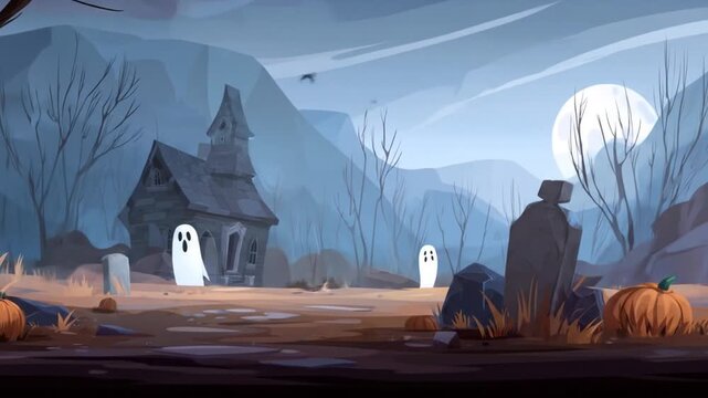 Spooky graveyard scene with ghosts and pumpkins at night
