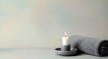 White Candle in Gray Ceramic Holder with Folded Yoga Towel on Soft Pastel Gray Background