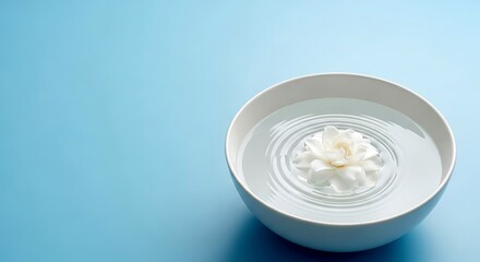 White Ceramic Bowl with Floating Flower on Sky Blue Pastel Background