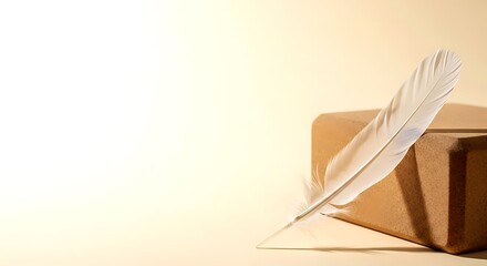 White Feather on Cream Yoga Block with Minimal Airy Background