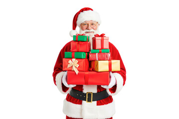 santa claus holding gift boxes on white background