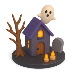 Spooky Halloween haunted house with ghost and tombstone.