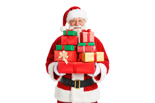 santa claus holding gift boxes on white background