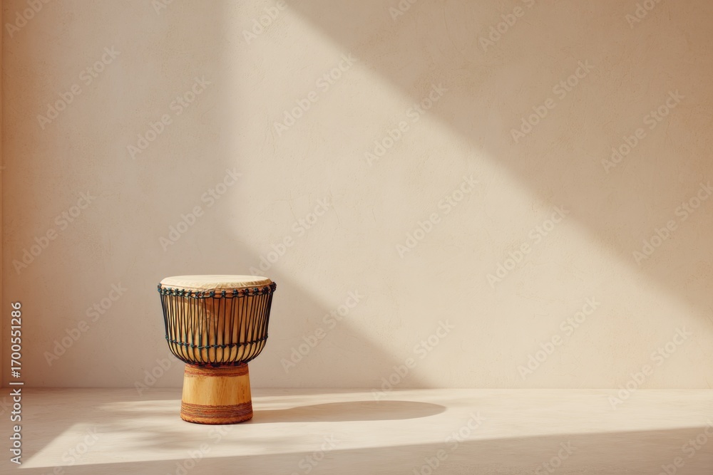Poster minimalist drum rests on ledge, bathed in soft light and subtle