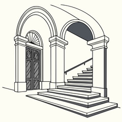 Elegant architectural drawing of a grand entrance with arched doorways and a sweeping staircase
