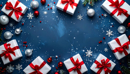 Obraz premium Festive Christmas composition with gift boxes and red ribbons on blue background, surrounded by ornaments and snowflakes