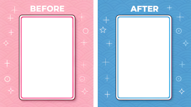 Two Empty Rectangular Places In The Left And Right Halves Of The Screen To Represent "before And After" On Pink Blue Colorful And Bright Backgrounds, With A Barely Noticeable Texture Of Filled Shapes