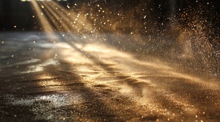 Golden light beams spotlight a glittering surface