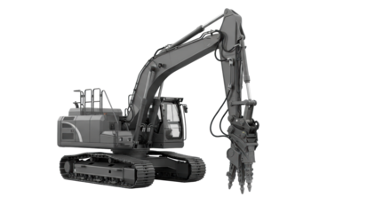 State-of-the-art matte charcoal grey urban dismantling excavator with robotic arm and diamond-tipped cutting head on transparent background with copy space, concept of technological sophistication