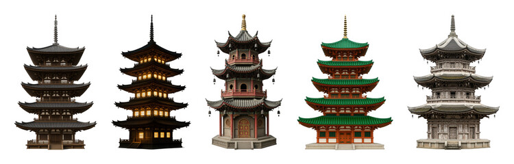 Fototapeta premium Pagoda set including five different traditional East Asian designs isolated. Asian architecture and cultural landmark collection.