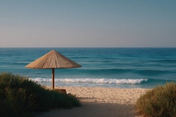 Fototapeta premium Serene beach scene with straw umbrella, gentle waves, and lush g