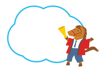 2026年　午年　コピースペースのある馬のキャラクターの赤いハッピの販売員のイラスト