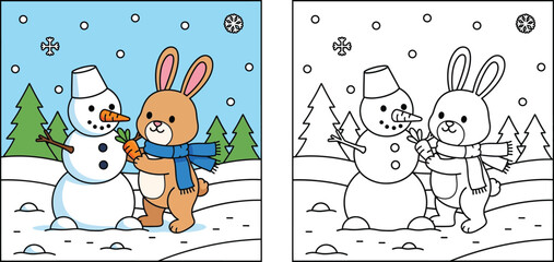 Fototapeta premium Cute Cartoon Bunny Building a Snowman - Adorable Rabbit in Scarf Giving Carrot Nose to Snowman in Winter Wonderland, Festive Kids Illustration