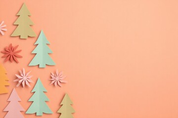 Naklejka premium Colorful paper trees and flowers arranged on peach background cr
