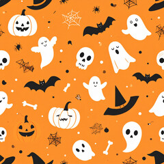 Playful Halloween pattern with ghosts, pumpkins, bats, and spider webs on orange background