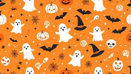 Seamless Halloween pattern with ghosts, pumpkins, bats, and witch hats on orange background