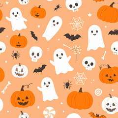 Cute Halloween pattern with ghosts, pumpkins, skulls, bats, and candy on orange background