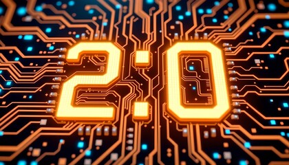 A digital clock displaying the time 2:00 is superimposed on an intricate circuit board pattern with the number 2 prominently highl