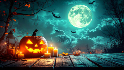 Spooky Halloween night with glowing jack o lantern, candles, and full moon casting eerie light
